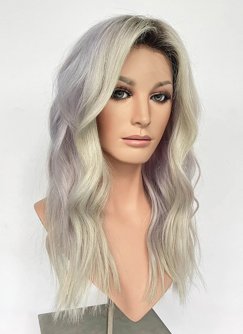 18" Long Wavy Silver Gray & Lavender Blend with Brown Roots Lace Front Natural Hair Wig HHA002